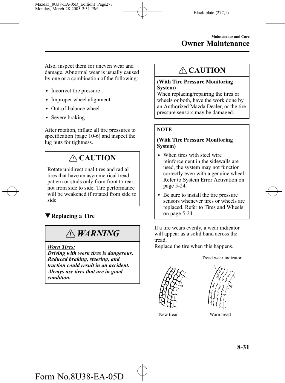 Warning, Caution, Owner maintenance | Mazda 2006 5 User Manual | Page 277 / 388