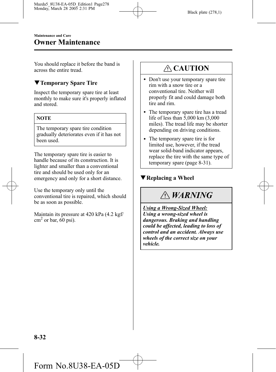 Warning, Caution, Owner maintenance | Mazda 2006 5 User Manual | Page 278 / 388