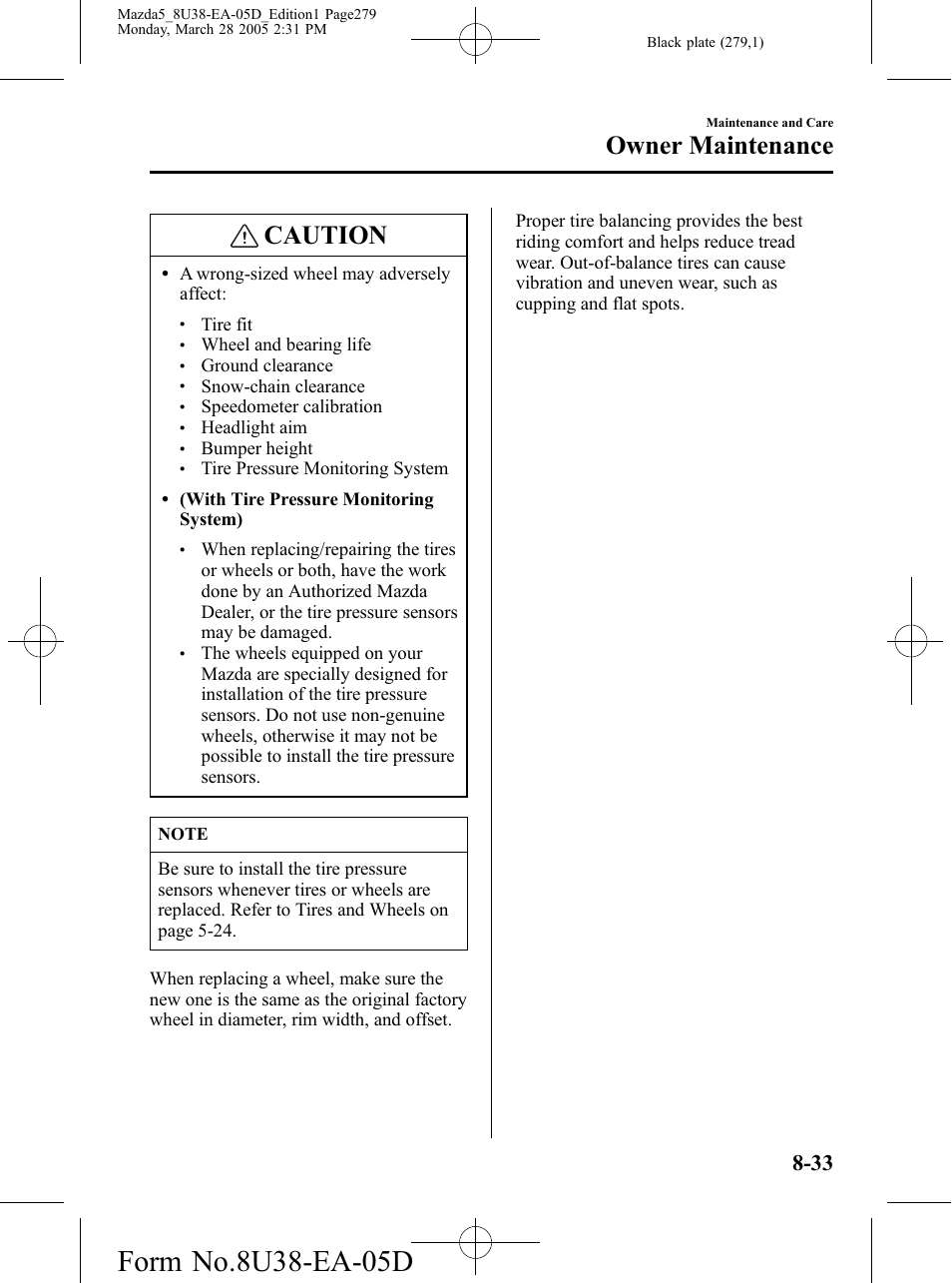 Caution, Owner maintenance | Mazda 2006 5 User Manual | Page 279 / 388