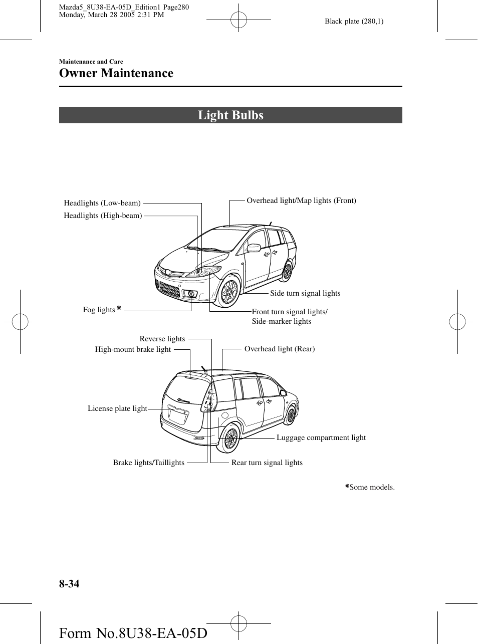 Light bulbs, Light bulbs -34, Owner maintenance | Mazda 2006 5 User Manual | Page 280 / 388