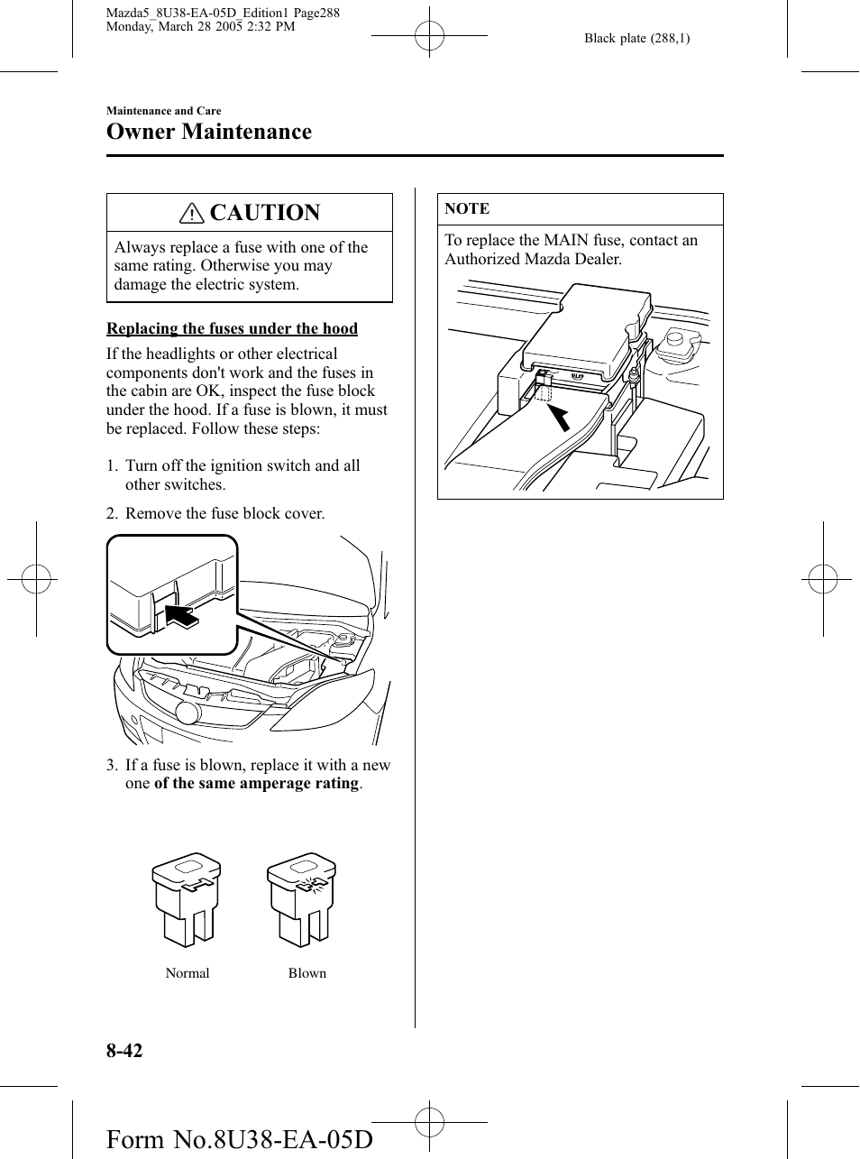 Caution, Owner maintenance | Mazda 2006 5 User Manual | Page 288 / 388