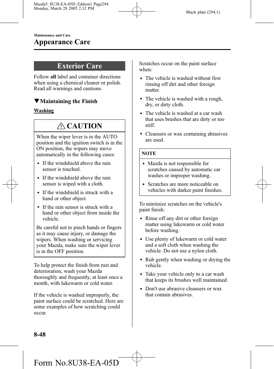 Exterior care, Exterior care -48, Caution | Appearance care, Qmaintaining the finish | Mazda 2006 5 User Manual | Page 294 / 388