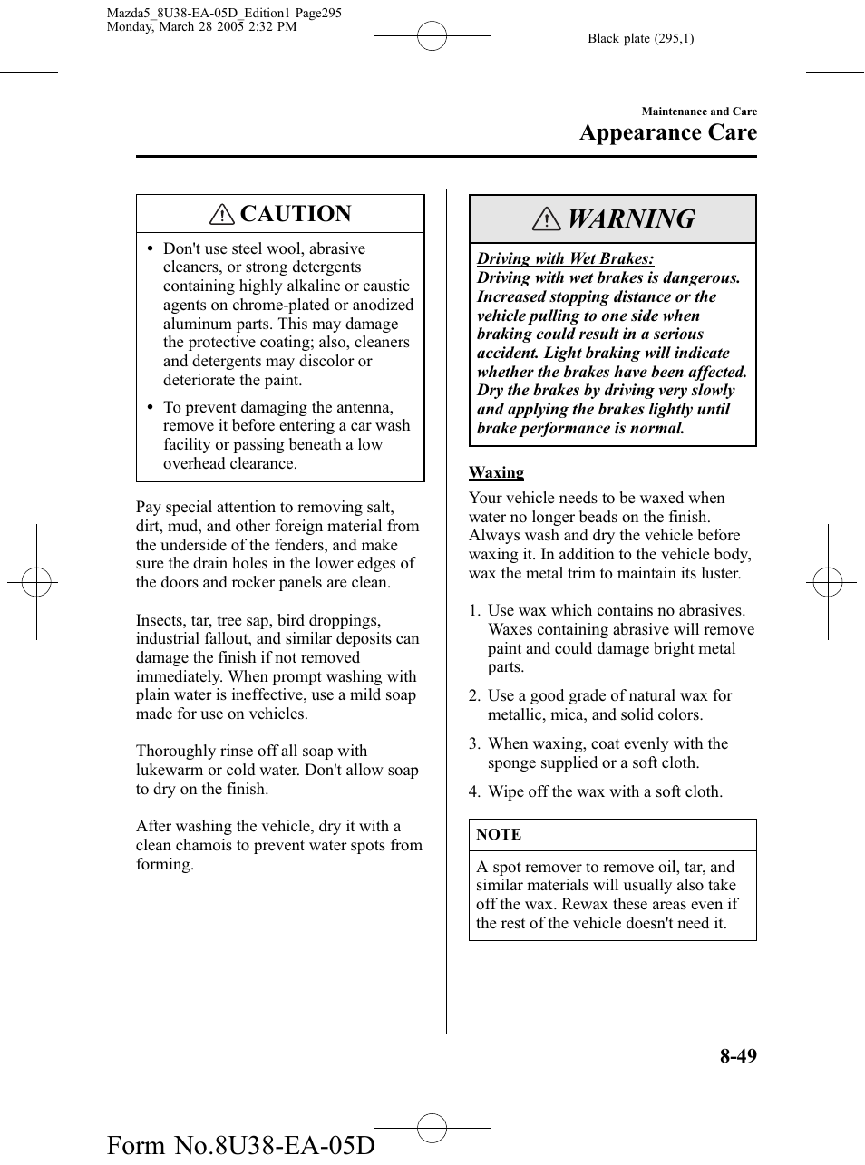 Warning, Caution, Appearance care | Mazda 2006 5 User Manual | Page 295 / 388