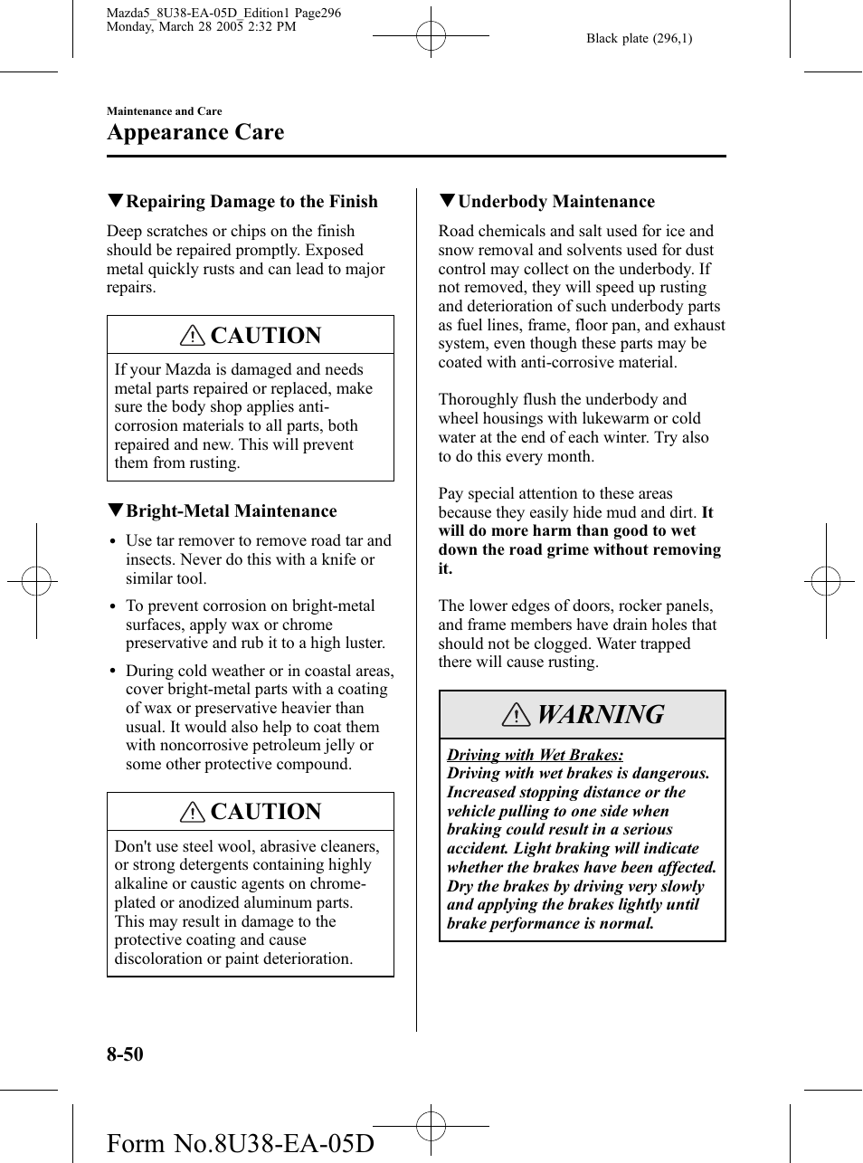 Warning, Caution, Appearance care | Mazda 2006 5 User Manual | Page 296 / 388