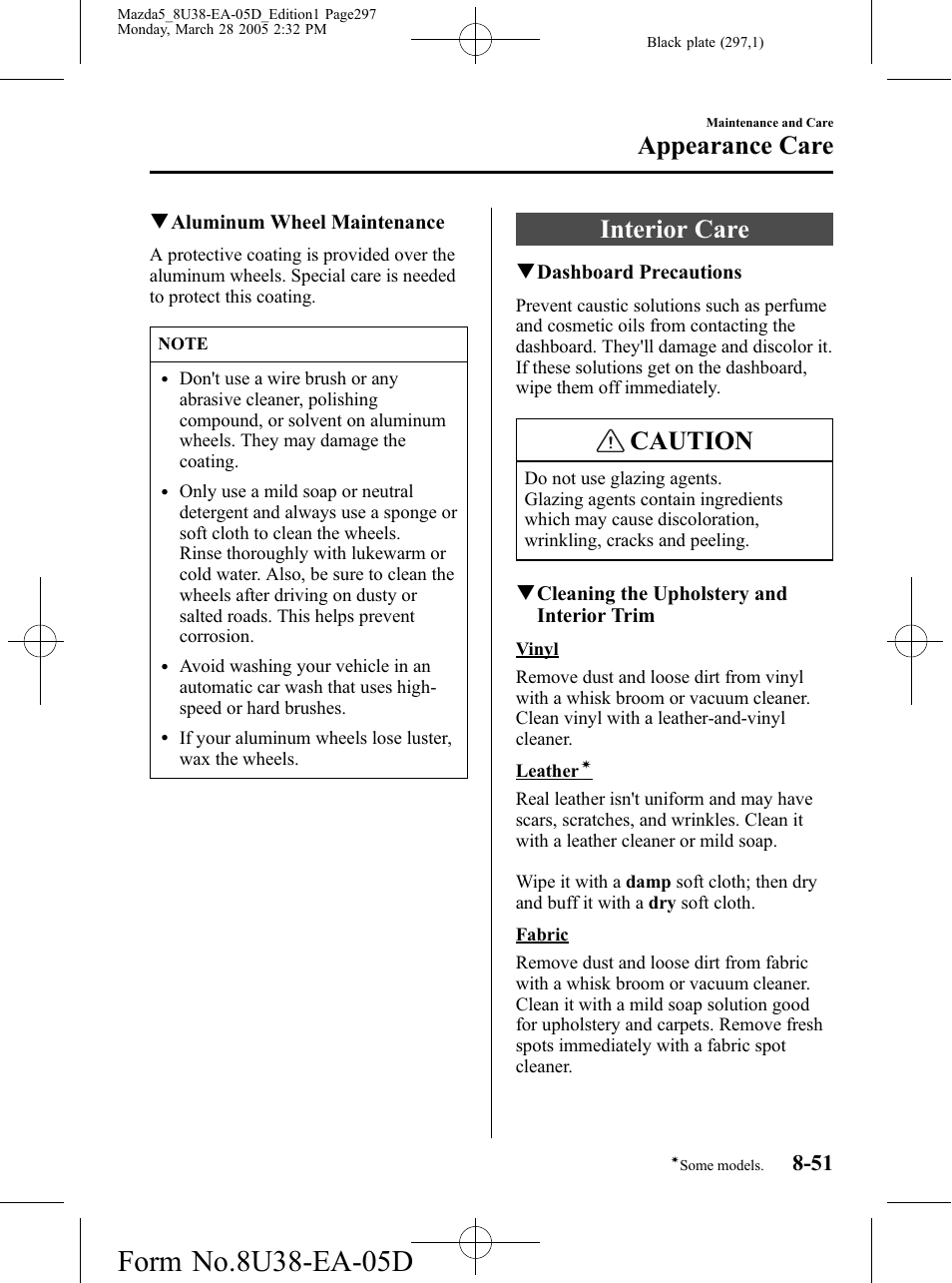 Interior care, Interior care -51, Caution | Appearance care | Mazda 2006 5 User Manual | Page 297 / 388