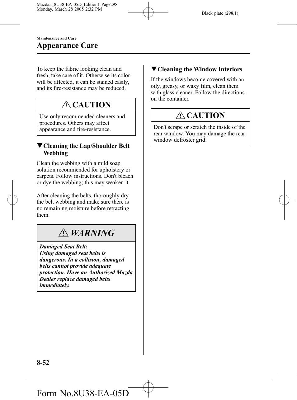 Warning, Caution, Appearance care | Mazda 2006 5 User Manual | Page 298 / 388