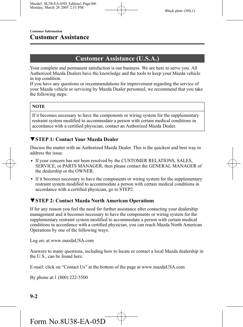 Customer assistance, Customer assistance (u.s.a.), Customer assistance -2 | Customer assistance (u.s.a.) -2 | Mazda 2006 5 User Manual | Page 300 / 388