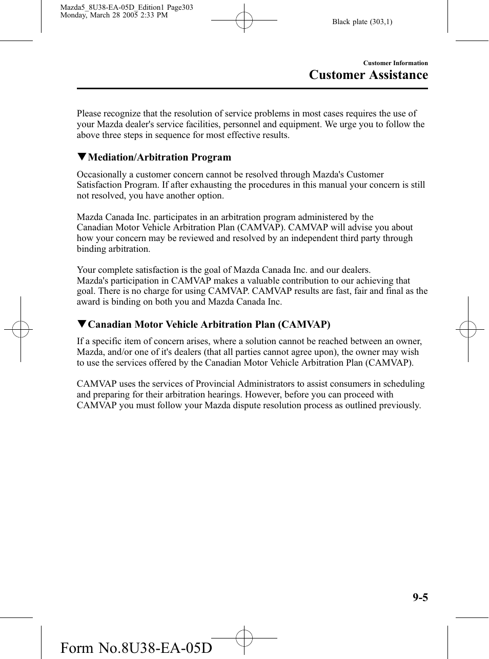 Customer assistance | Mazda 2006 5 User Manual | Page 303 / 388