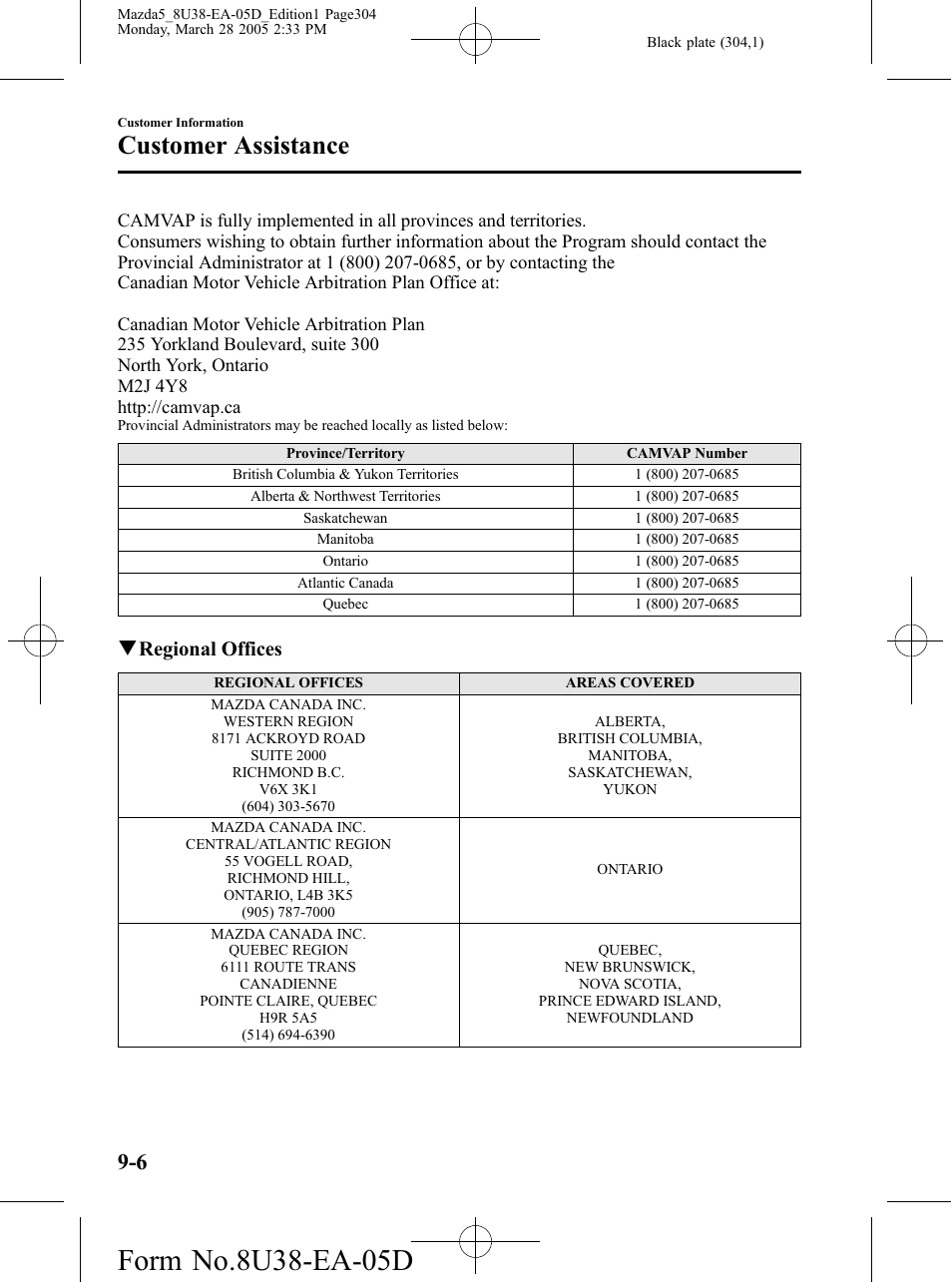 Customer assistance, Qregional offices | Mazda 2006 5 User Manual | Page 304 / 388