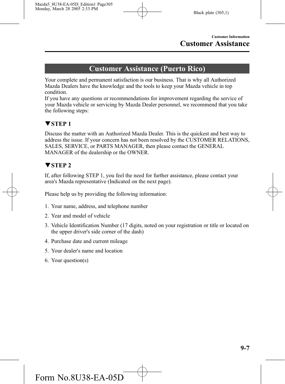 Customer assistance (puerto rico), Customer assistance (puerto rico) -7, Customer assistance | Mazda 2006 5 User Manual | Page 305 / 388