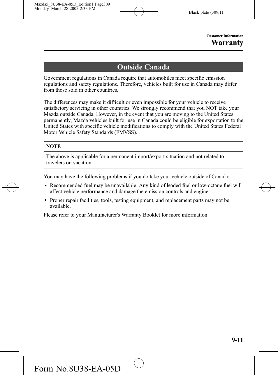 Outside canada, Outside canada -11, Warranty | Mazda 2006 5 User Manual | Page 309 / 388
