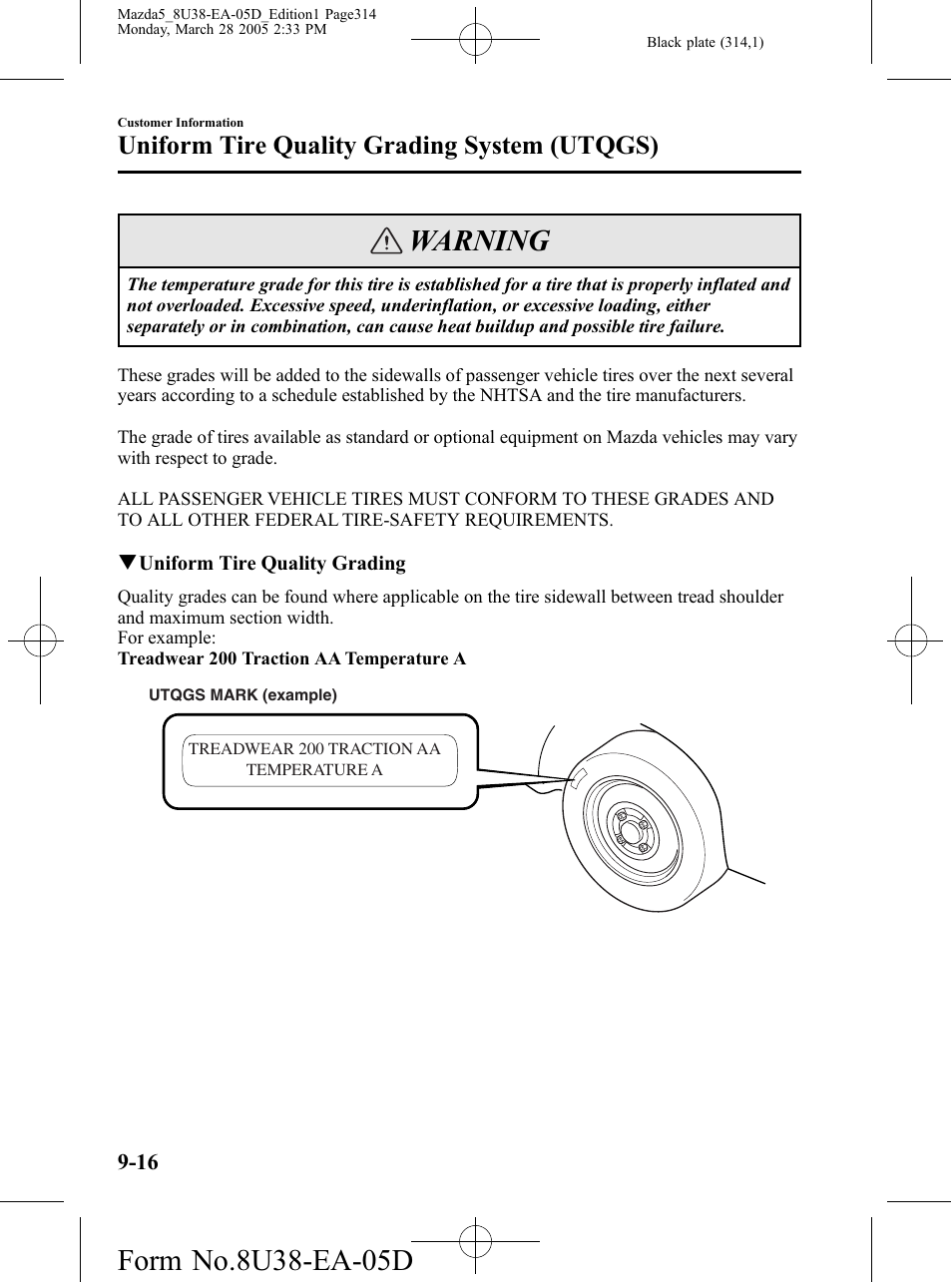 Warning, Uniform tire quality grading system (utqgs) | Mazda 2006 5 User Manual | Page 314 / 388