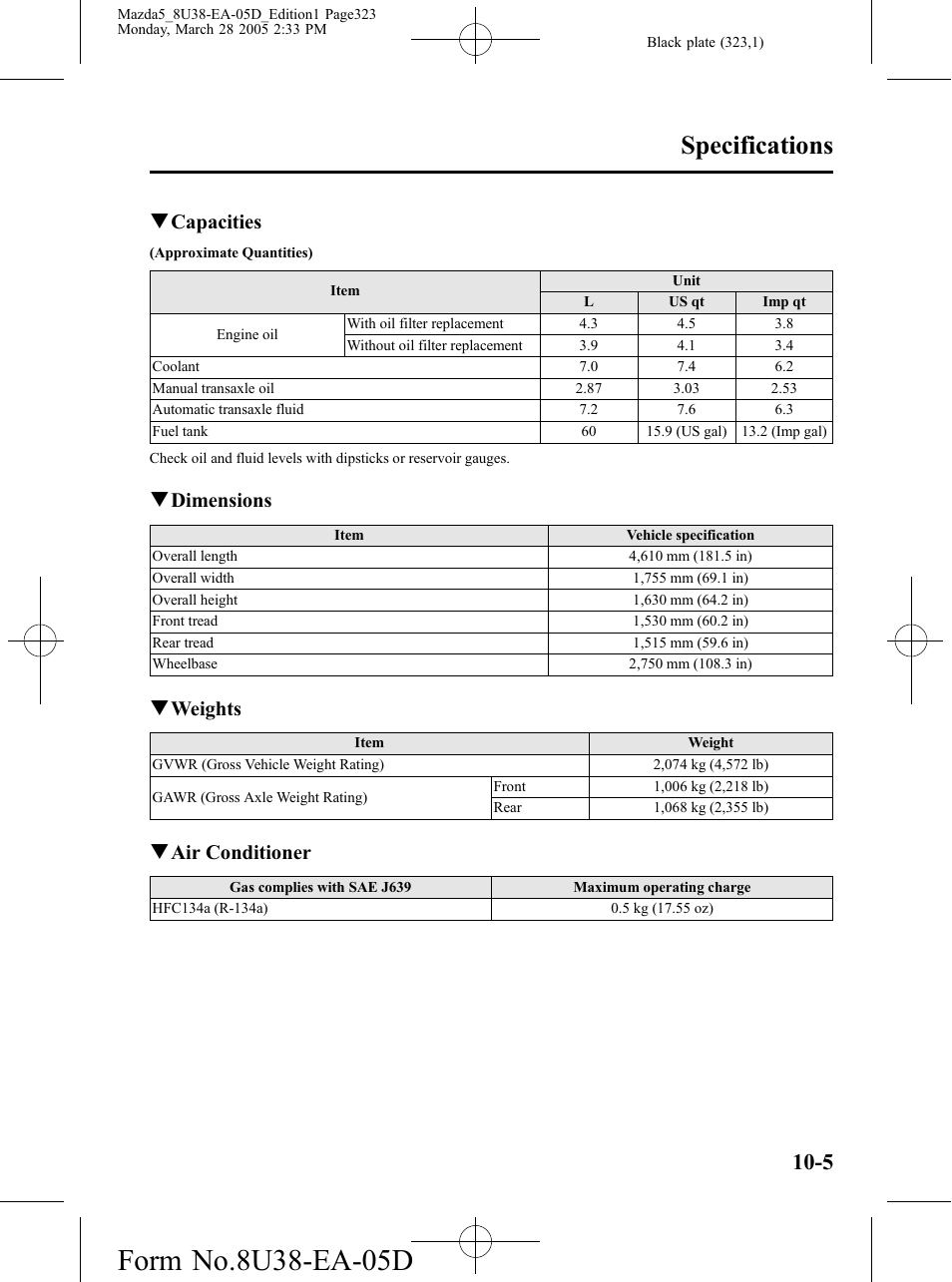 Specifications, Qcapacities, Qdimensions | Qweights, Qair conditioner | Mazda 2006 5 User Manual | Page 323 / 388