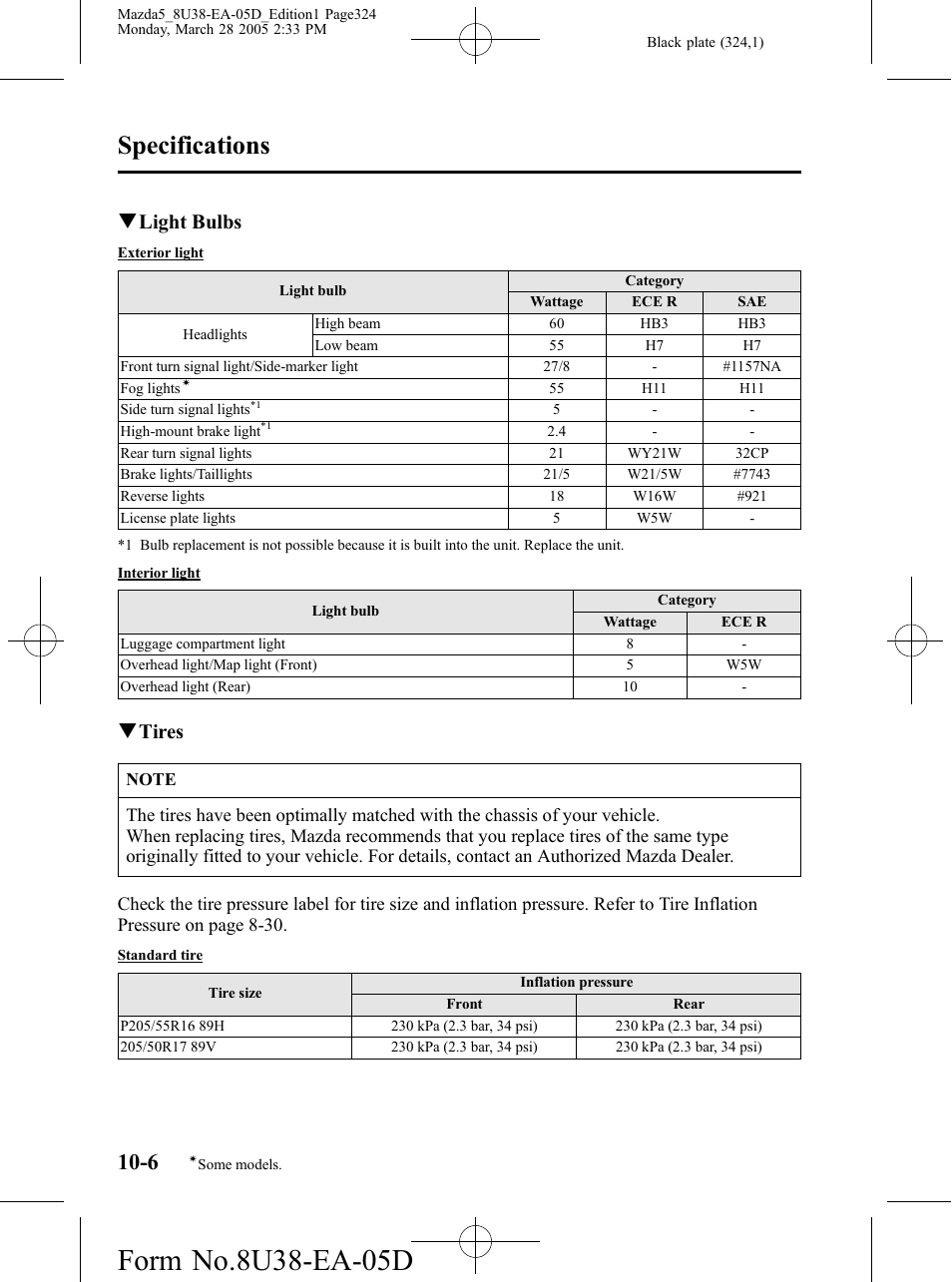 Specifications, Qlight bulbs, Qtires | Mazda 2006 5 User Manual | Page 324 / 388