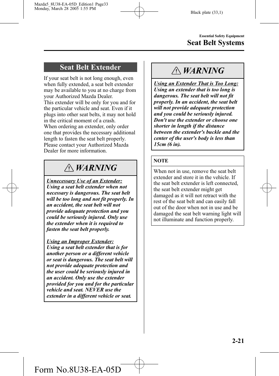 Seat belt extender, Seat belt extender -21, Warning | Seat belt systems | Mazda 2006 5 User Manual | Page 33 / 388