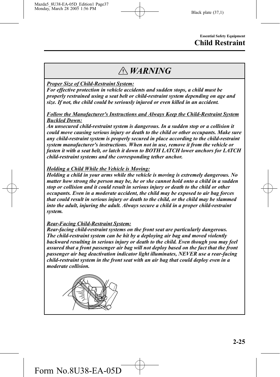 Warning, Child restraint | Mazda 2006 5 User Manual | Page 37 / 388