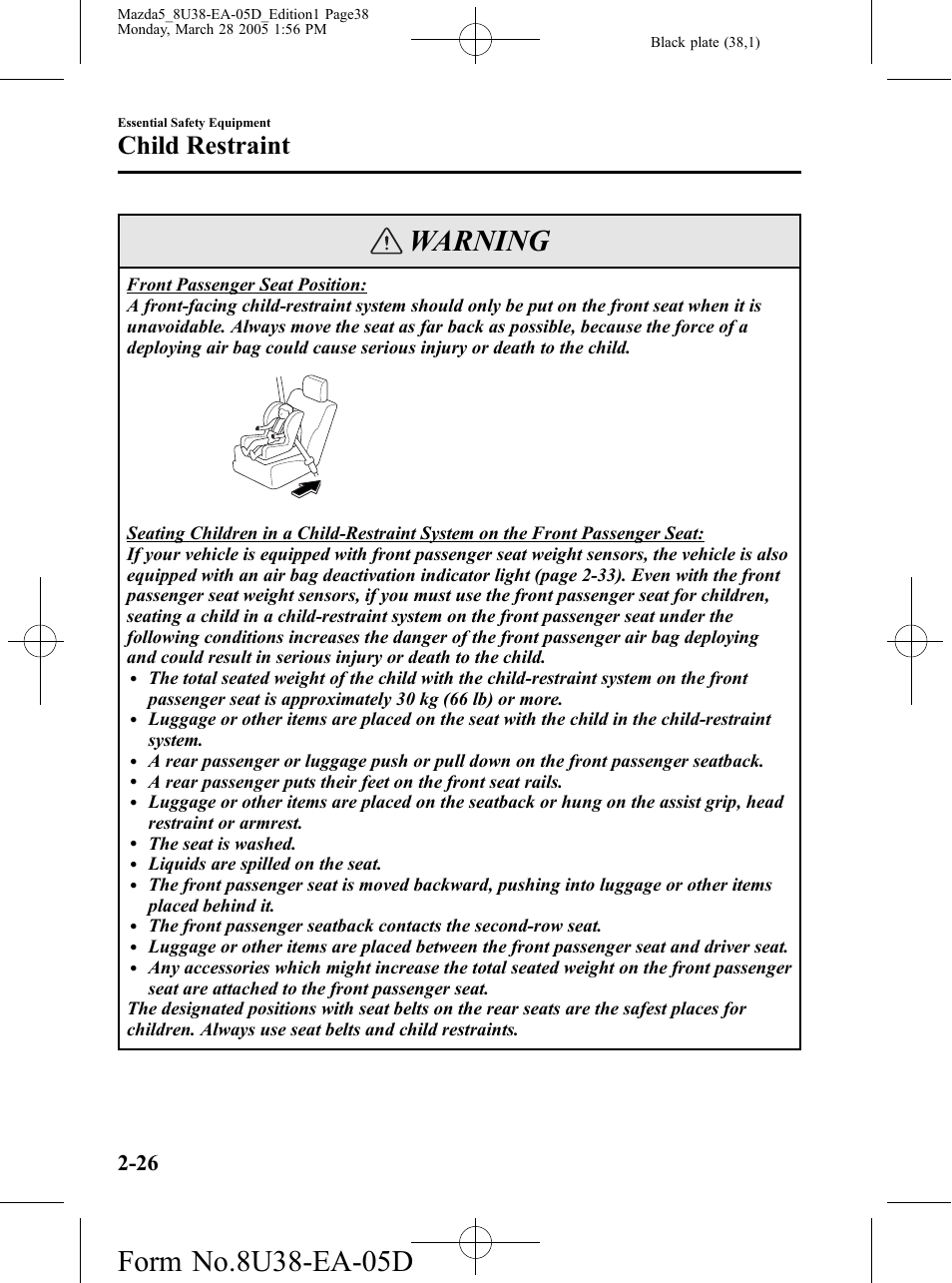 Warning, Child restraint | Mazda 2006 5 User Manual | Page 38 / 388