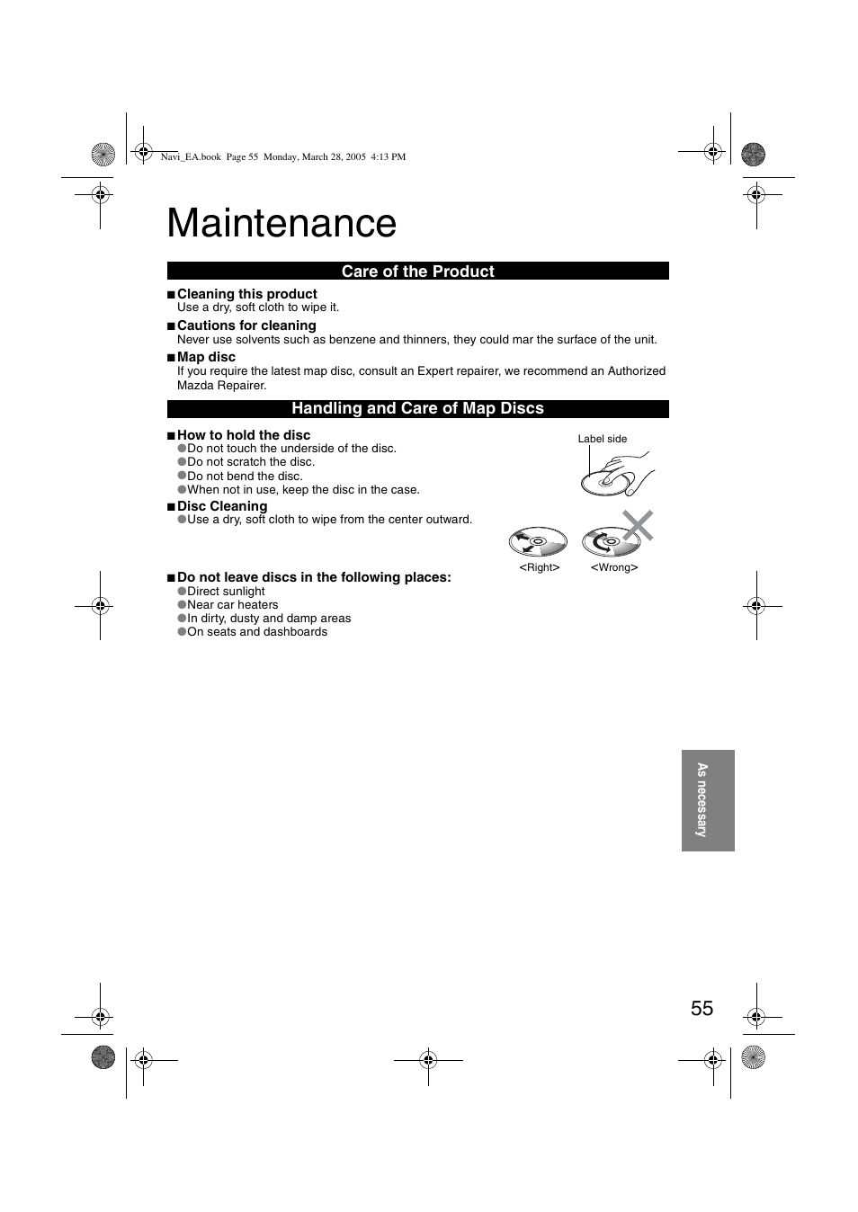 Maintenance, Care of the product handling and care of map discs | Mazda 2006 5 User Manual | Page 387 / 388