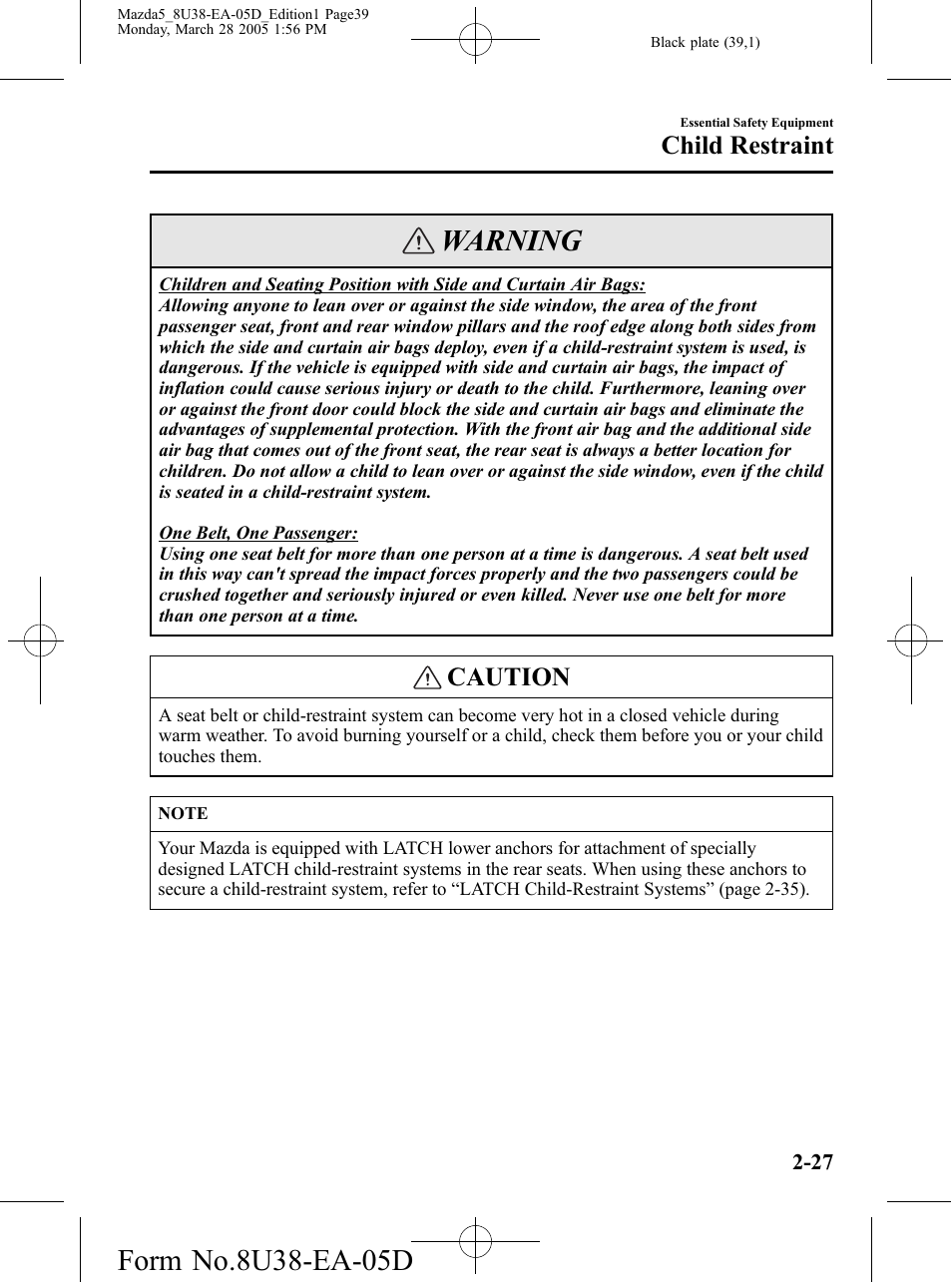 Warning, Caution, Child restraint | Mazda 2006 5 User Manual | Page 39 / 388