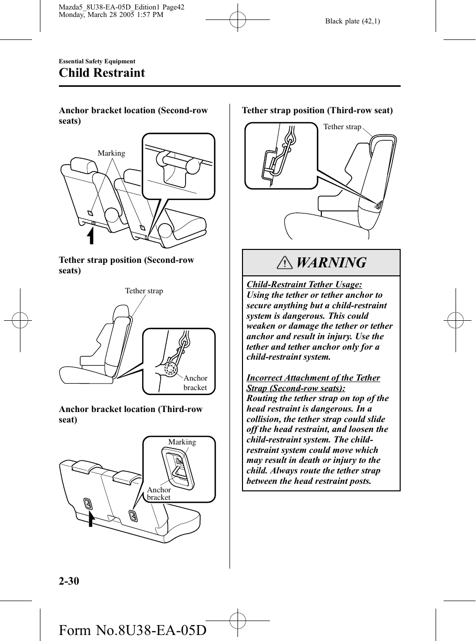Warning, Child restraint | Mazda 2006 5 User Manual | Page 42 / 388