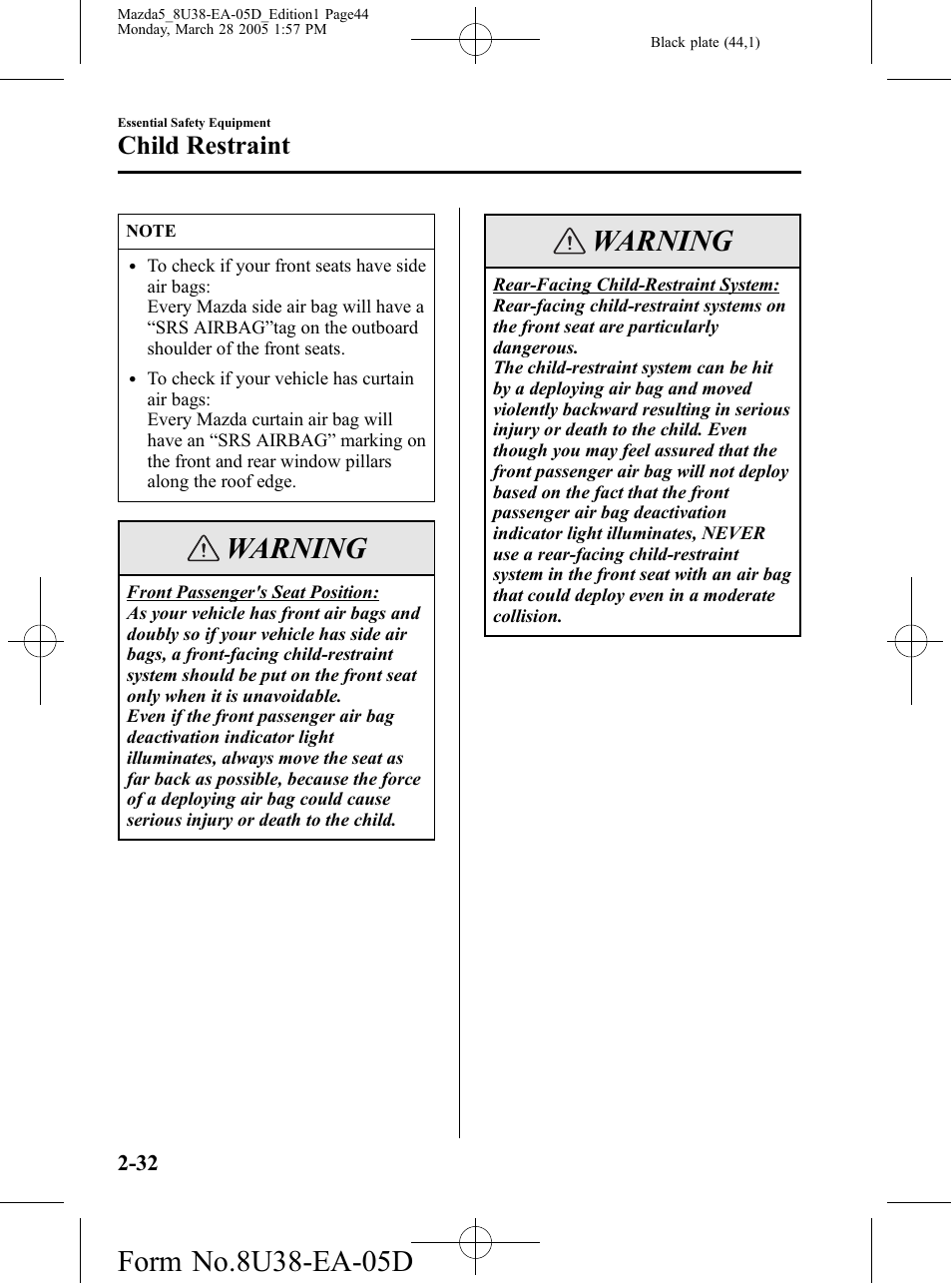 Warning, Child restraint | Mazda 2006 5 User Manual | Page 44 / 388