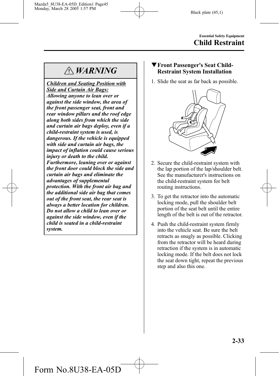 Warning, Child restraint | Mazda 2006 5 User Manual | Page 45 / 388