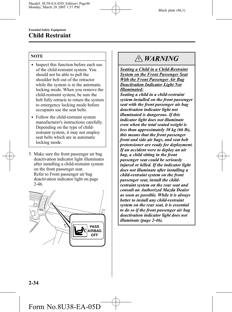 Warning, Child restraint | Mazda 2006 5 User Manual | Page 46 / 388