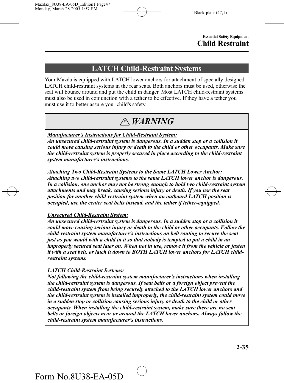 Latch child-restraint systems, Latch child-restraint systems -35, Warning | Child restraint | Mazda 2006 5 User Manual | Page 47 / 388