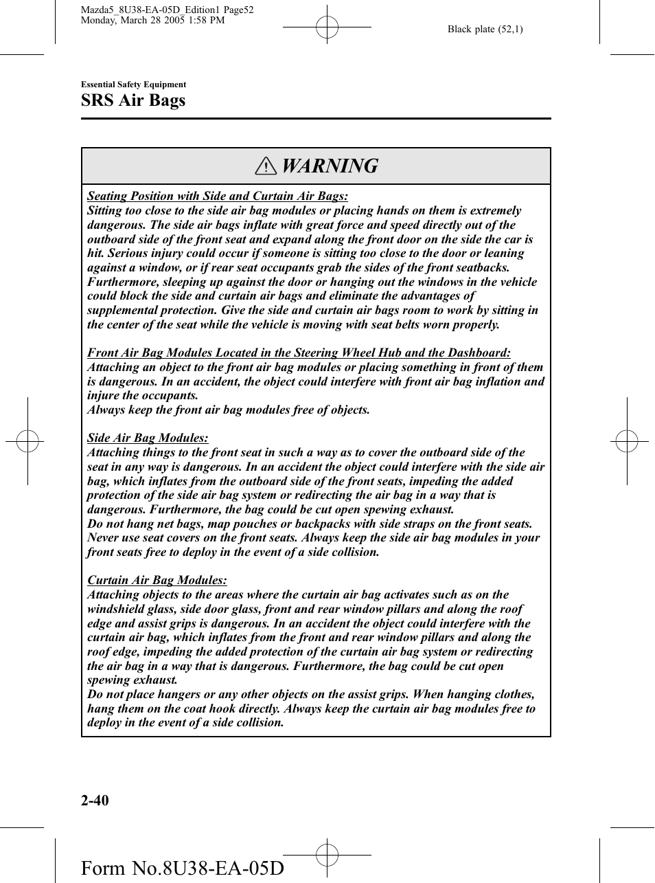 Warning, Srs air bags | Mazda 2006 5 User Manual | Page 52 / 388