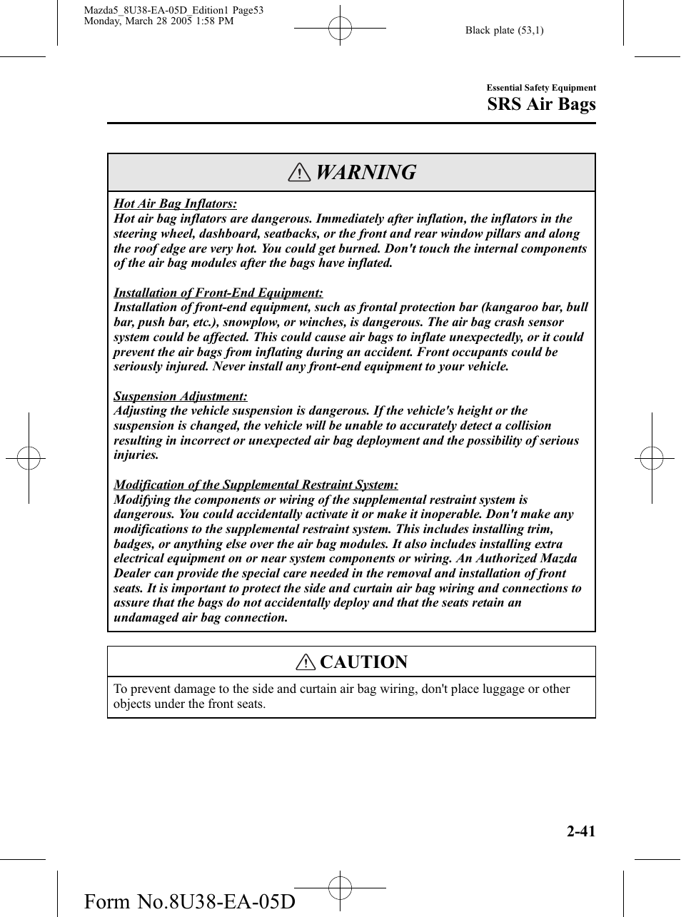 Warning, Caution, Srs air bags | Mazda 2006 5 User Manual | Page 53 / 388