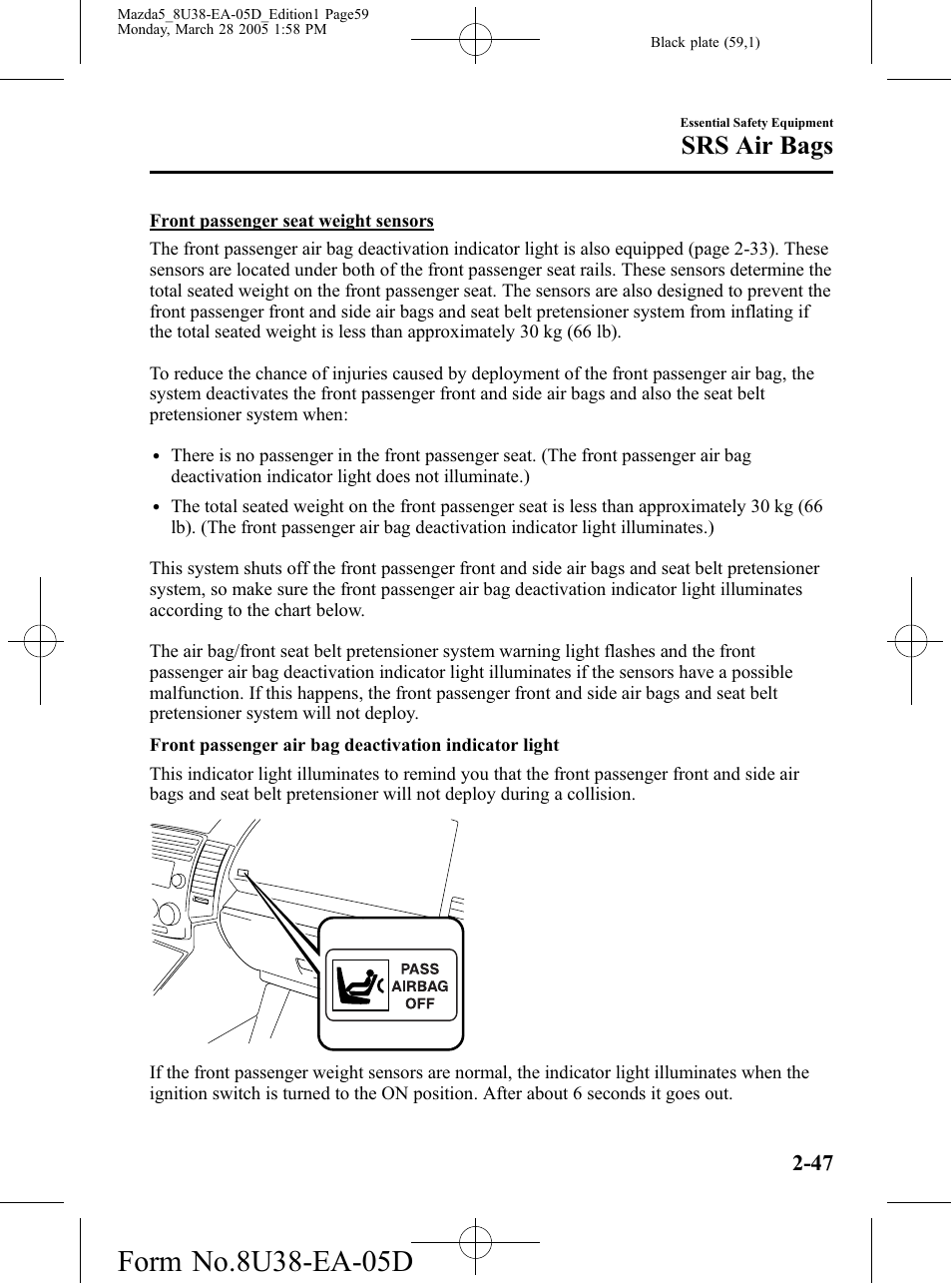 Srs air bags | Mazda 2006 5 User Manual | Page 59 / 388