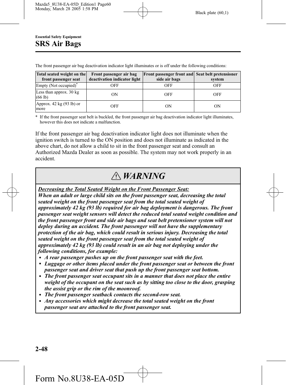 Warning, Srs air bags | Mazda 2006 5 User Manual | Page 60 / 388
