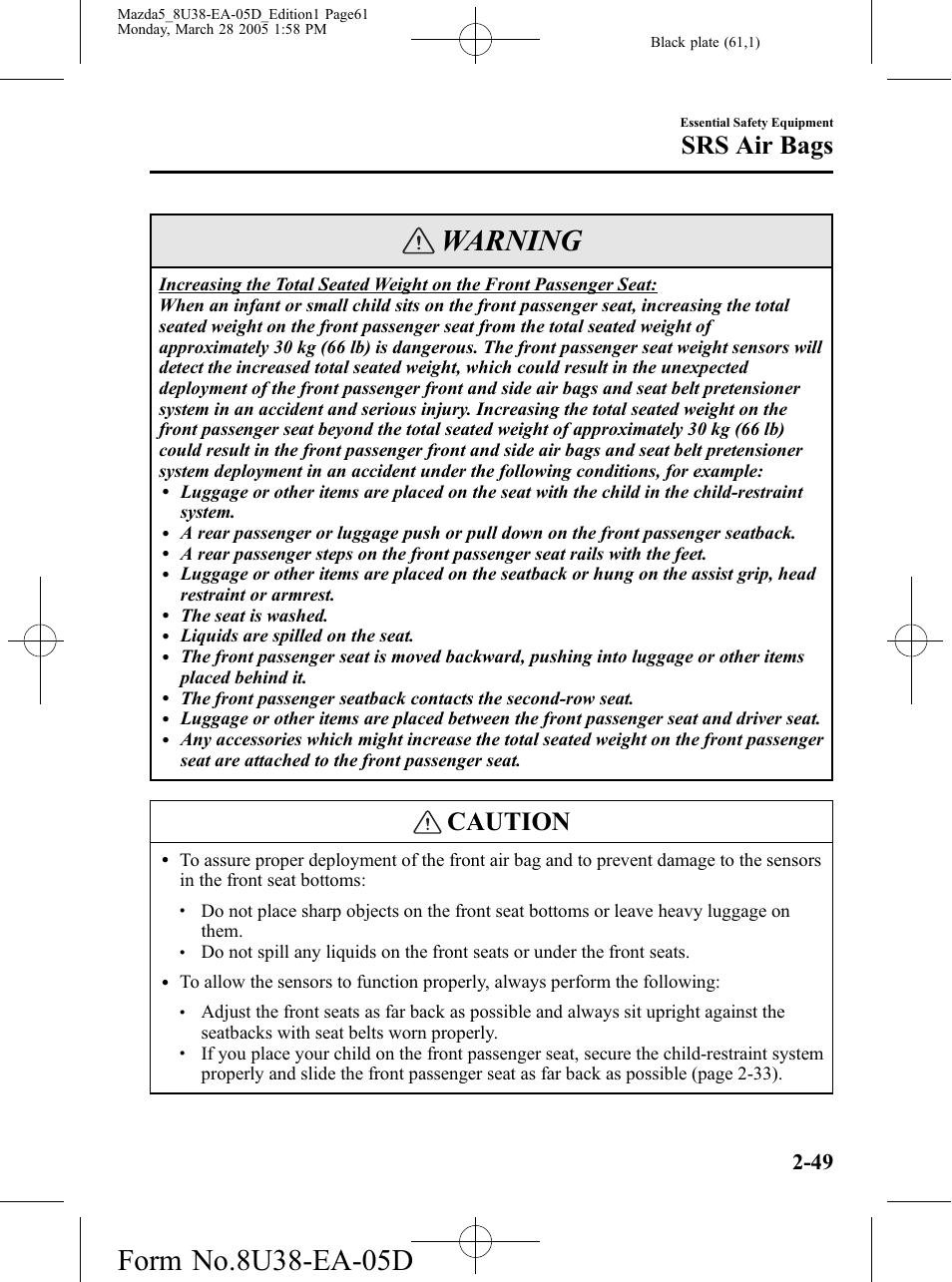 Warning, Caution, Srs air bags | Mazda 2006 5 User Manual | Page 61 / 388