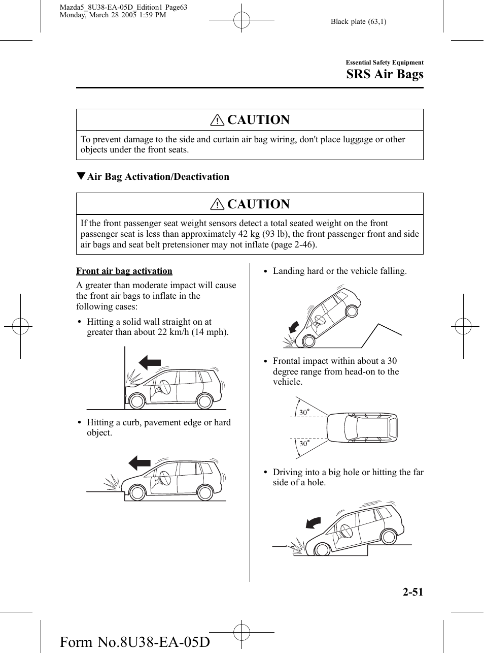 Caution, Srs air bags | Mazda 2006 5 User Manual | Page 63 / 388