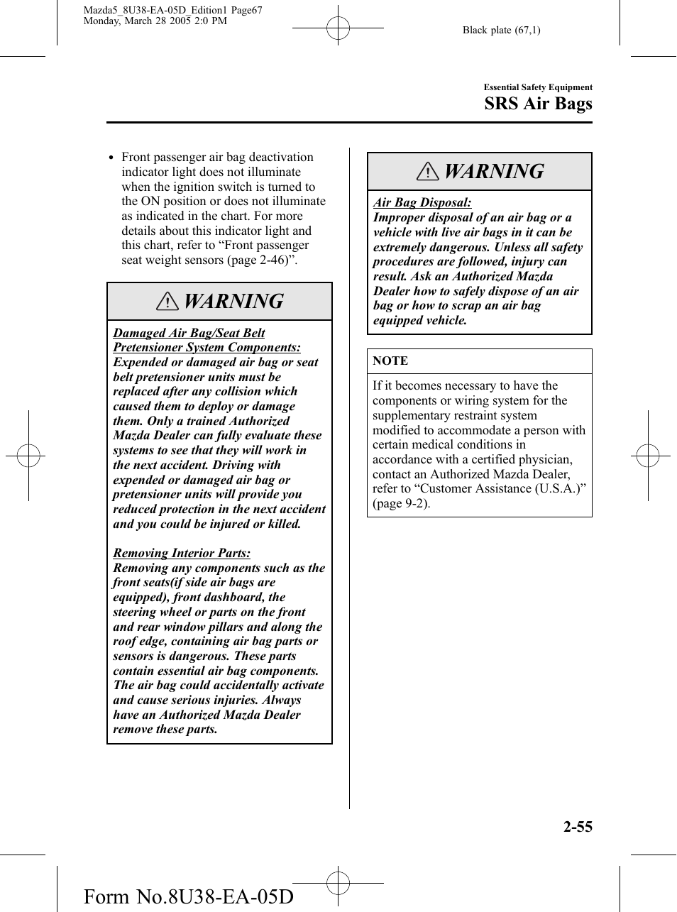 Warning, Srs air bags | Mazda 2006 5 User Manual | Page 67 / 388