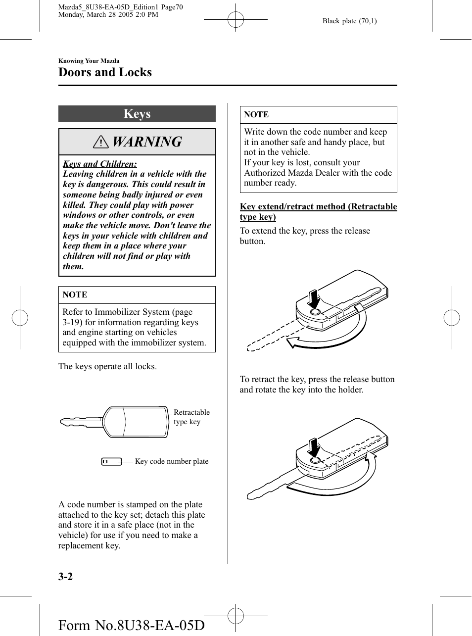 Doors and locks, Keys, Doors and locks -2 | Keys -2, Warning | Mazda 2006 5 User Manual | Page 70 / 388