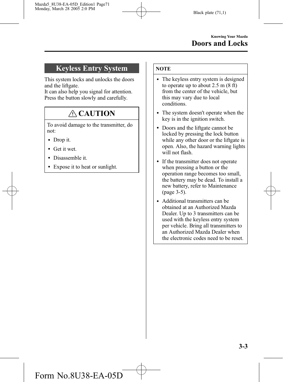 Keyless entry system, Keyless entry system -3, Caution | Doors and locks | Mazda 2006 5 User Manual | Page 71 / 388