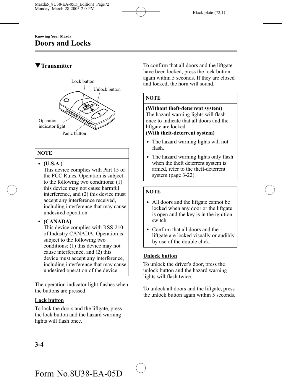 Doors and locks, Qtransmitter | Mazda 2006 5 User Manual | Page 72 / 388