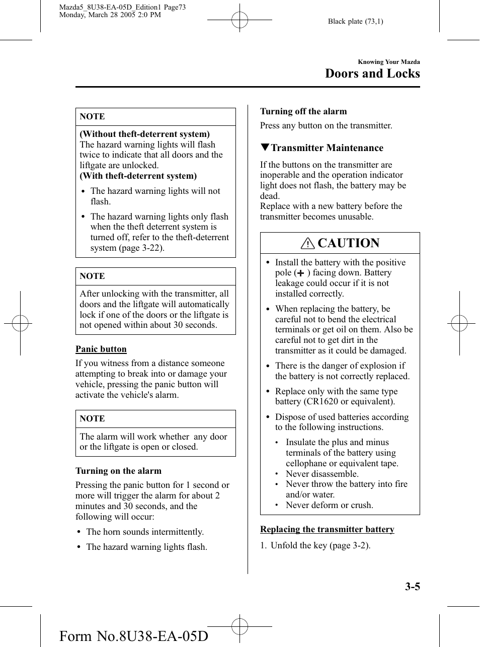 Caution, Doors and locks, Qtransmitter maintenance | Mazda 2006 5 User Manual | Page 73 / 388