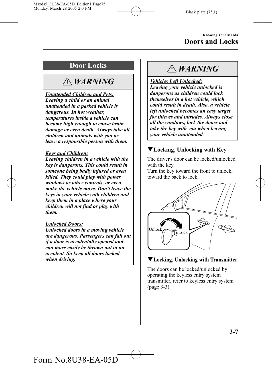 Door locks, Door locks -7, Warning | Doors and locks | Mazda 2006 5 User Manual | Page 75 / 388