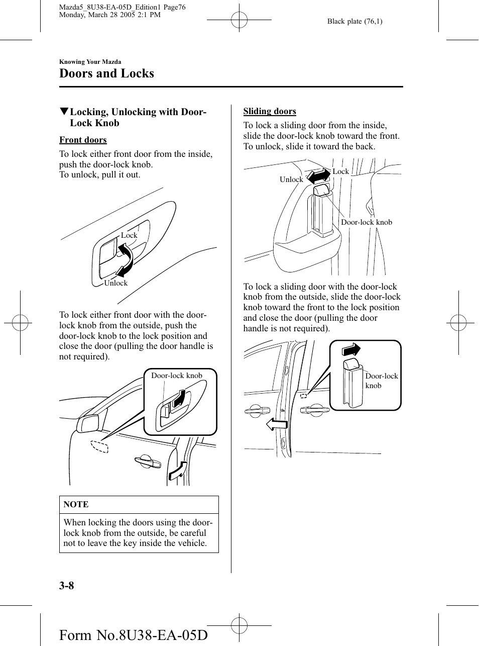 Doors and locks | Mazda 2006 5 User Manual | Page 76 / 388