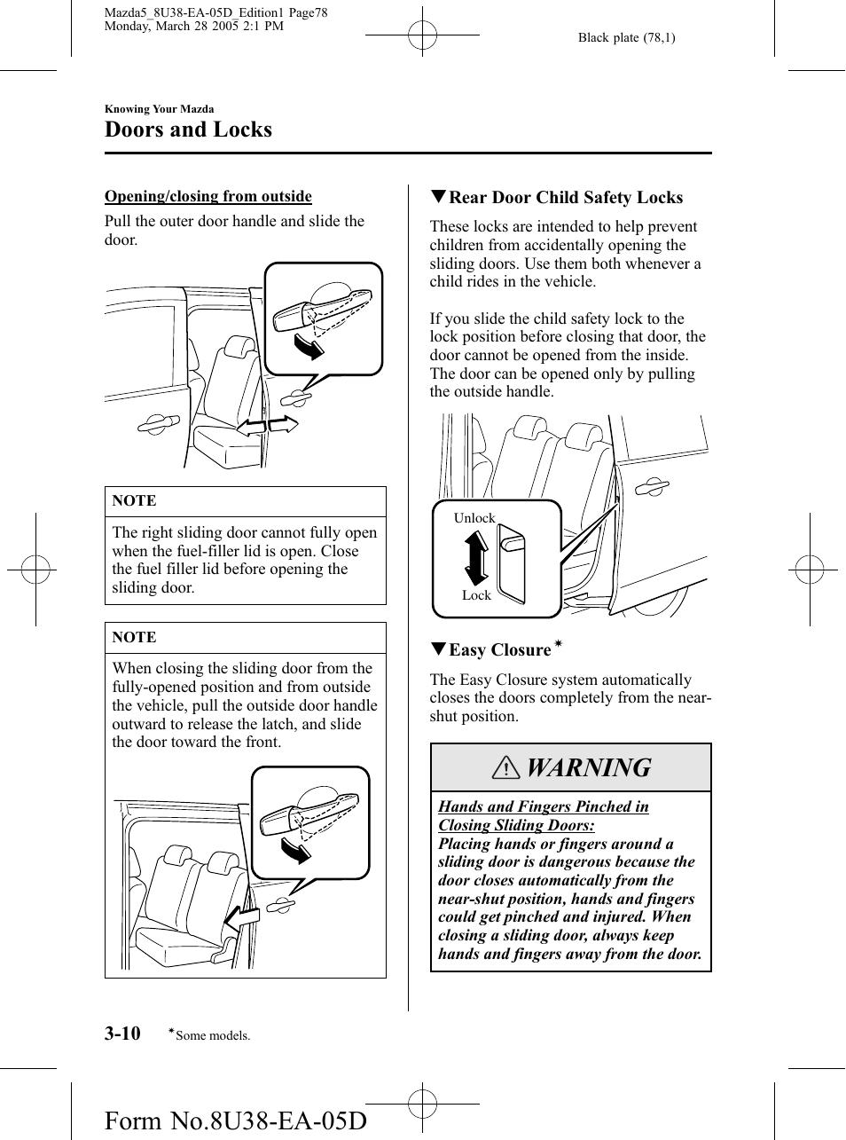 Warning, Doors and locks | Mazda 2006 5 User Manual | Page 78 / 388