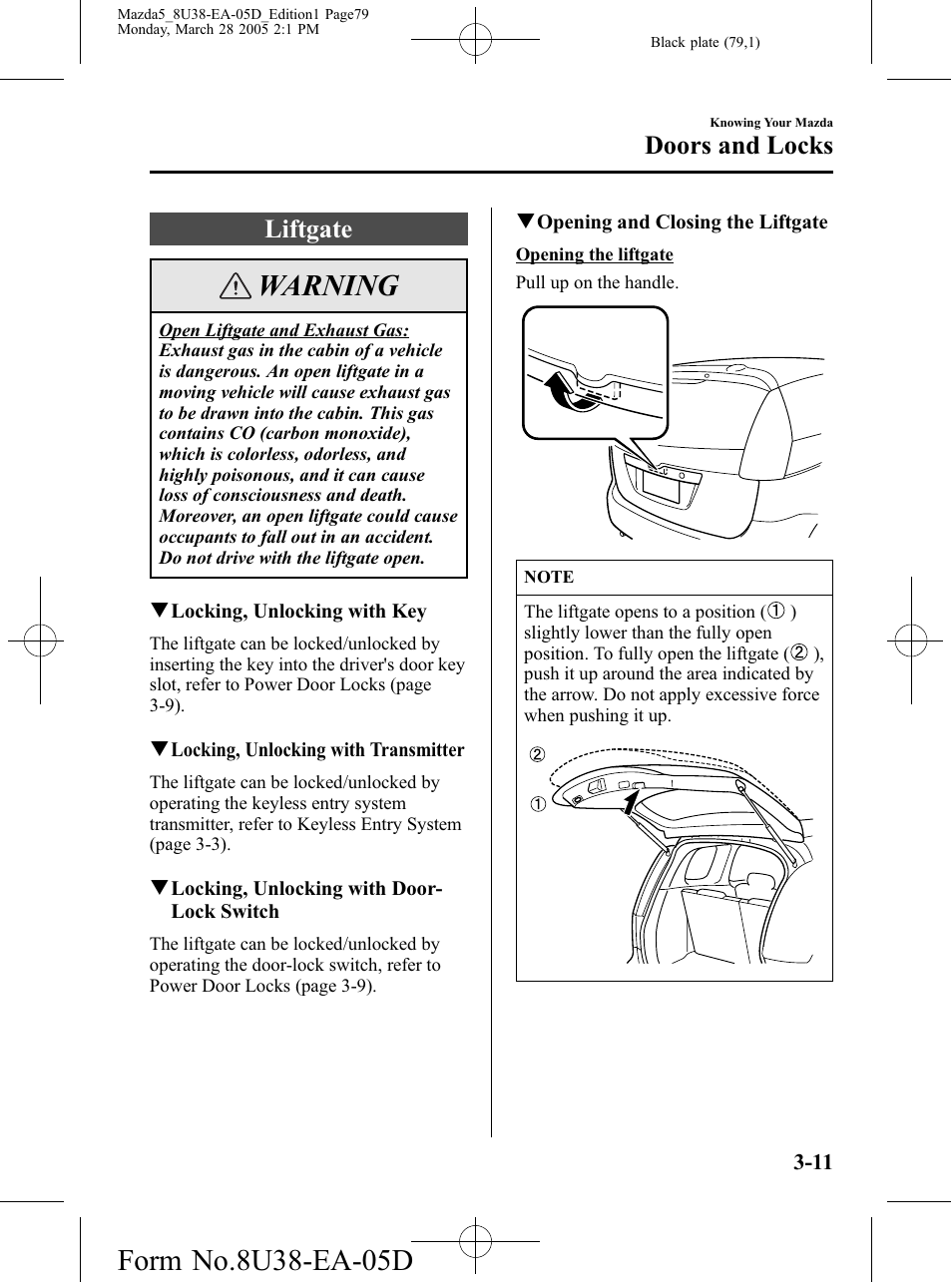 Liftgate, Liftgate -11, Warning | Doors and locks | Mazda 2006 5 User Manual | Page 79 / 388