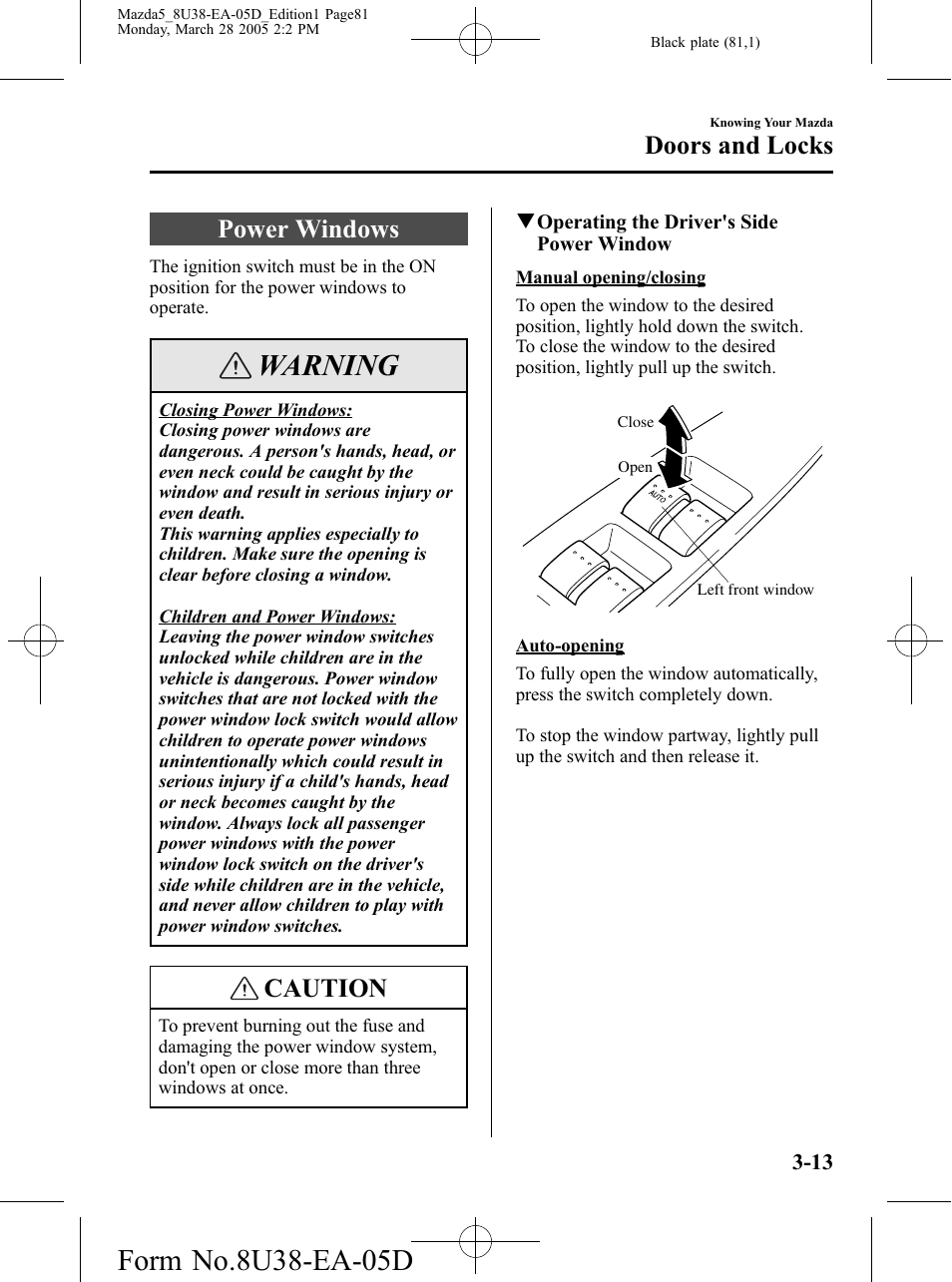 Power windows, Power windows -13, Warning | Caution, Doors and locks | Mazda 2006 5 User Manual | Page 81 / 388