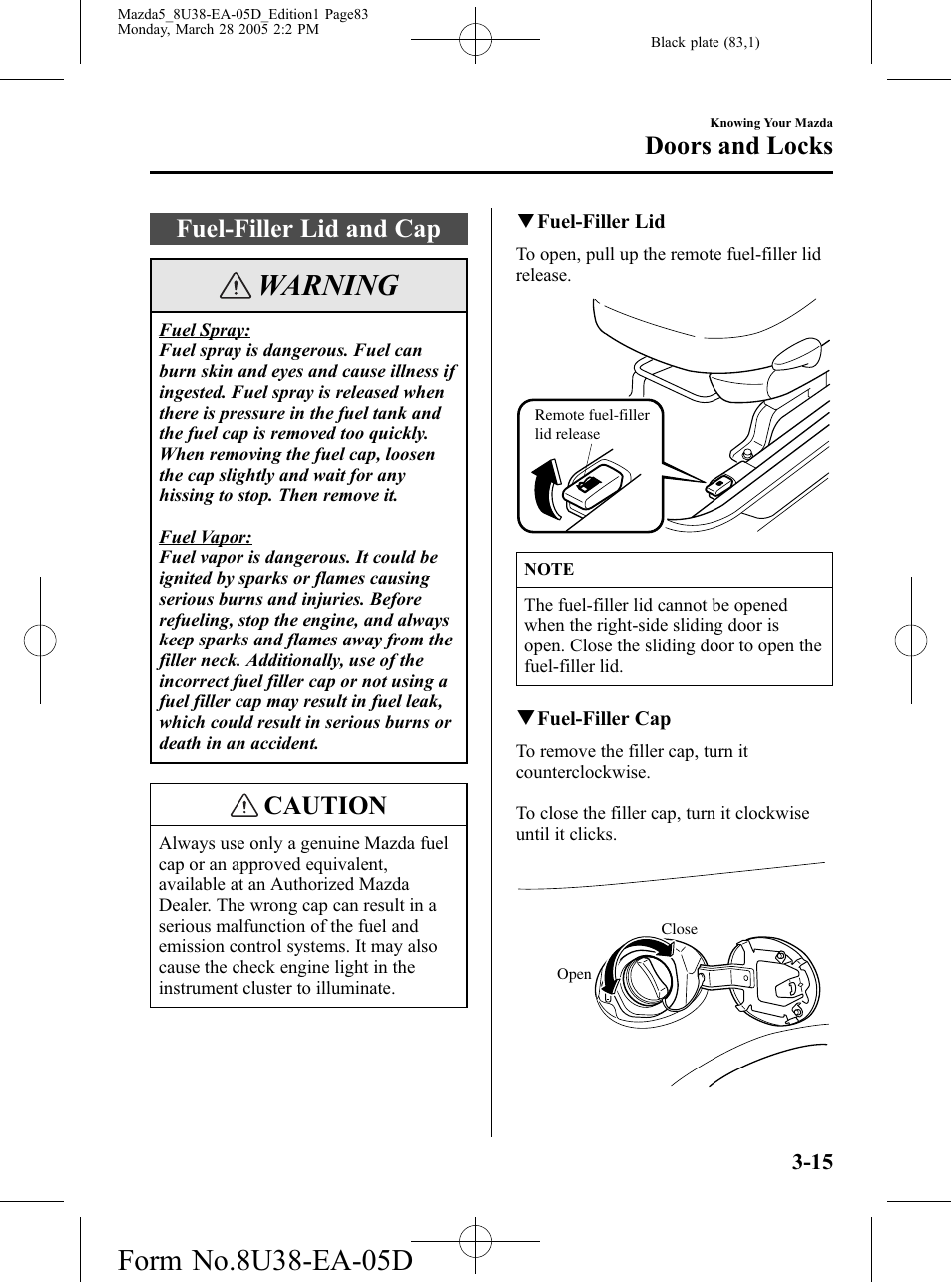 Fuel-filler lid and cap, Fuel-filler lid and cap -15, Warning | Caution, Doors and locks | Mazda 2006 5 User Manual | Page 83 / 388