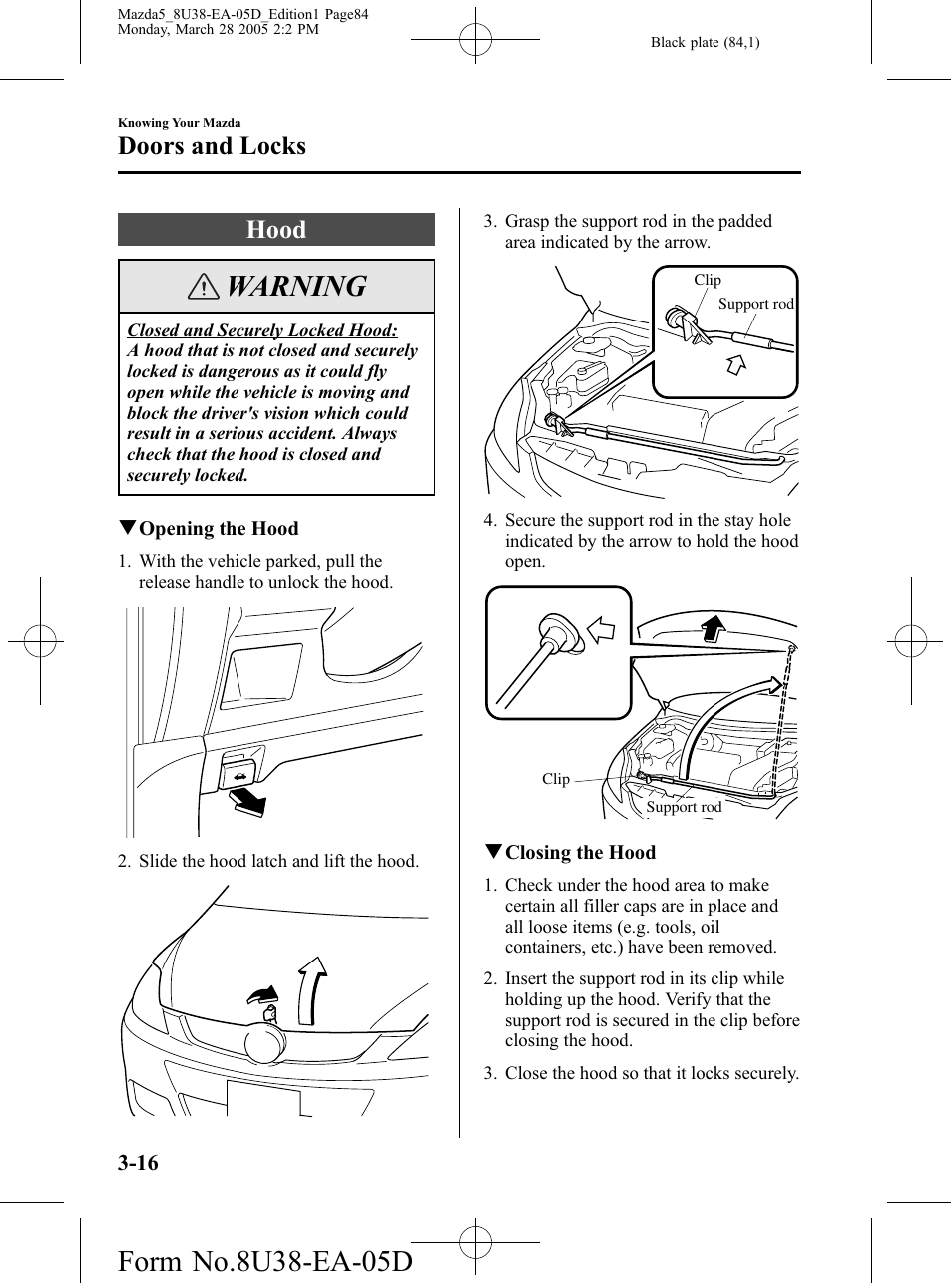 Hood, Hood -16, Warning | Doors and locks | Mazda 2006 5 User Manual | Page 84 / 388