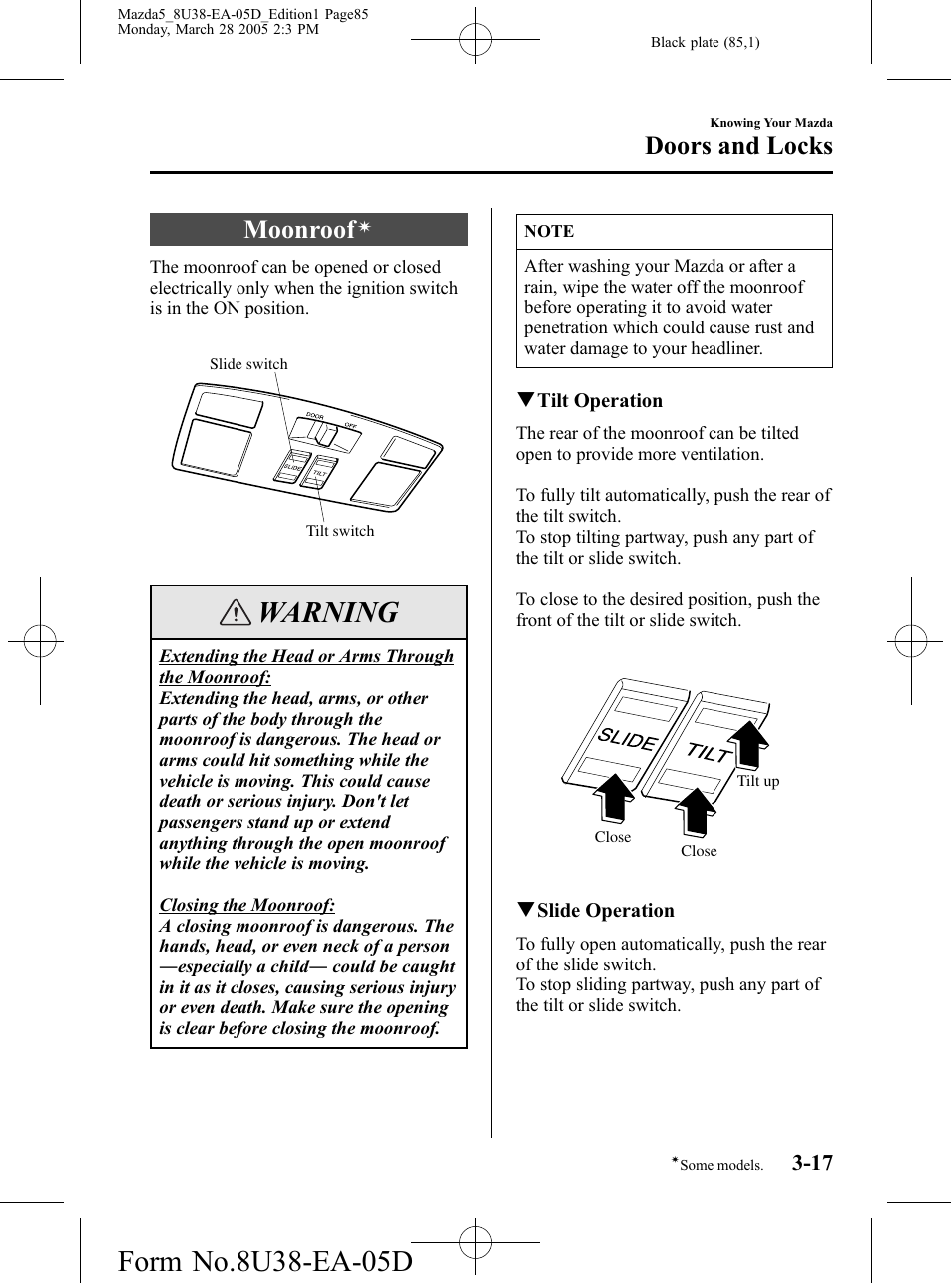 Moonroof, Warning, Doors and locks | Mazda 2006 5 User Manual | Page 85 / 388