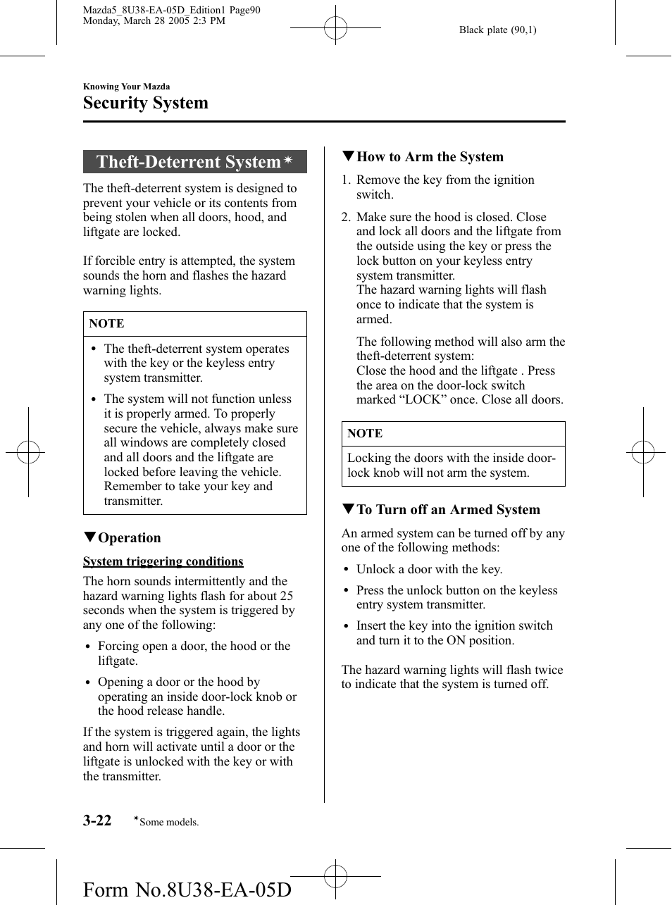 Theft-deterrent system, Security system | Mazda 2006 5 User Manual | Page 90 / 388