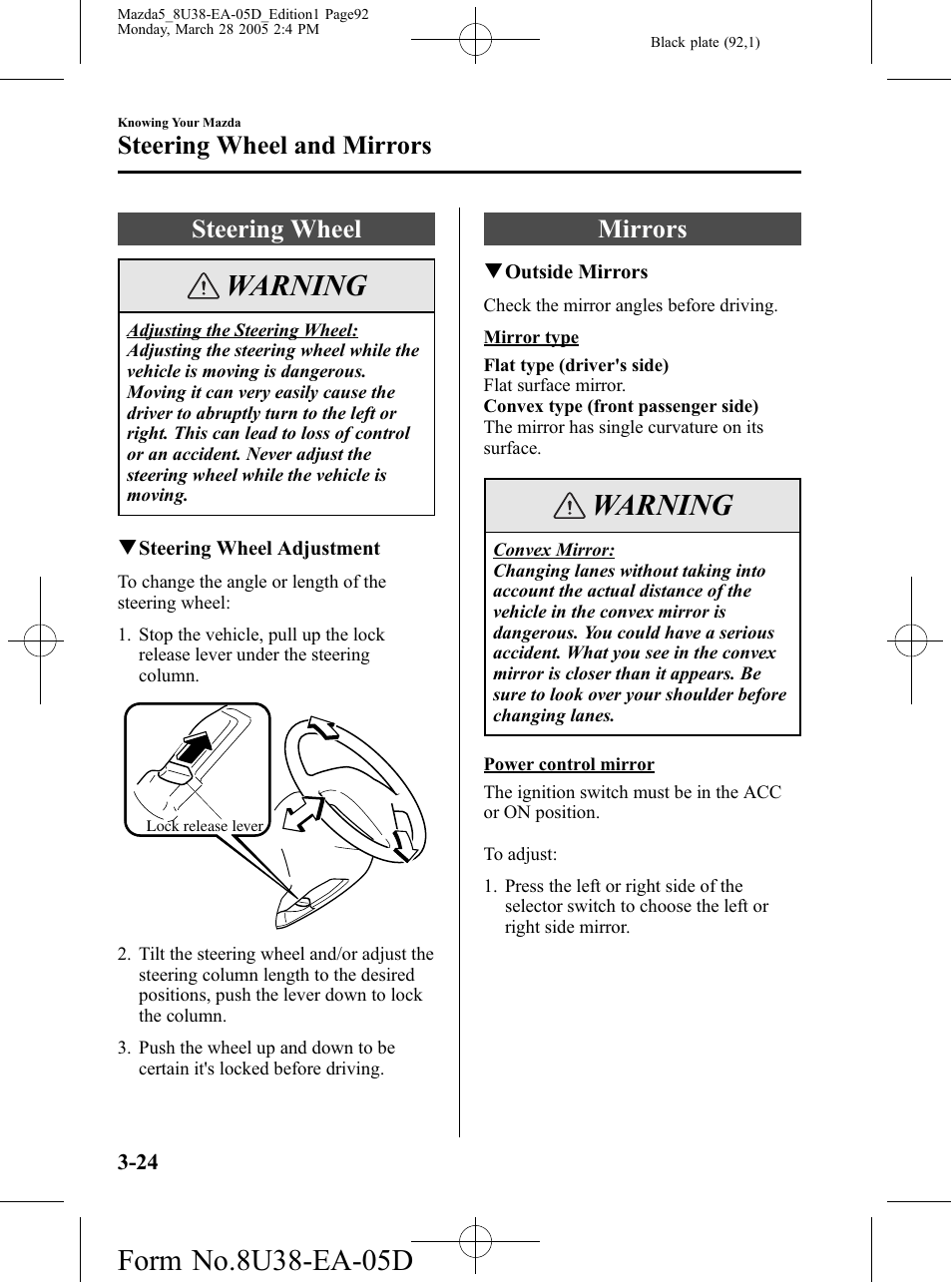 Steering wheel and mirrors, Steering wheel, Mirrors | Steering wheel and mirrors -24, Steering wheel -24 mirrors -24, Warning | Mazda 2006 5 User Manual | Page 92 / 388