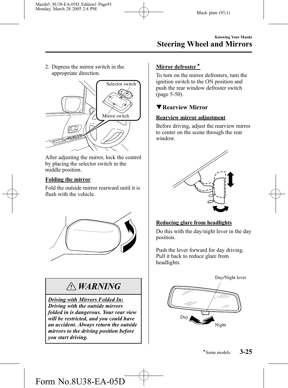 Warning, Steering wheel and mirrors | Mazda 2006 5 User Manual | Page 93 / 388